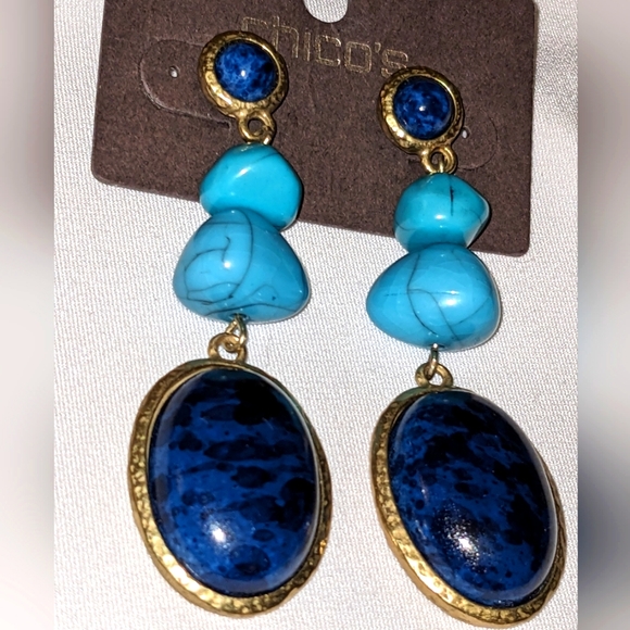 NEW Chicos Gold Turquoise & Blue Lapis Dangle Pierced Earrings - Picture 4 of 10